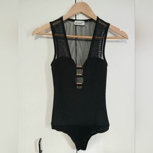 Kiwii XS Black Mesh Bodysuit Gold Bar Plunge V Neck
